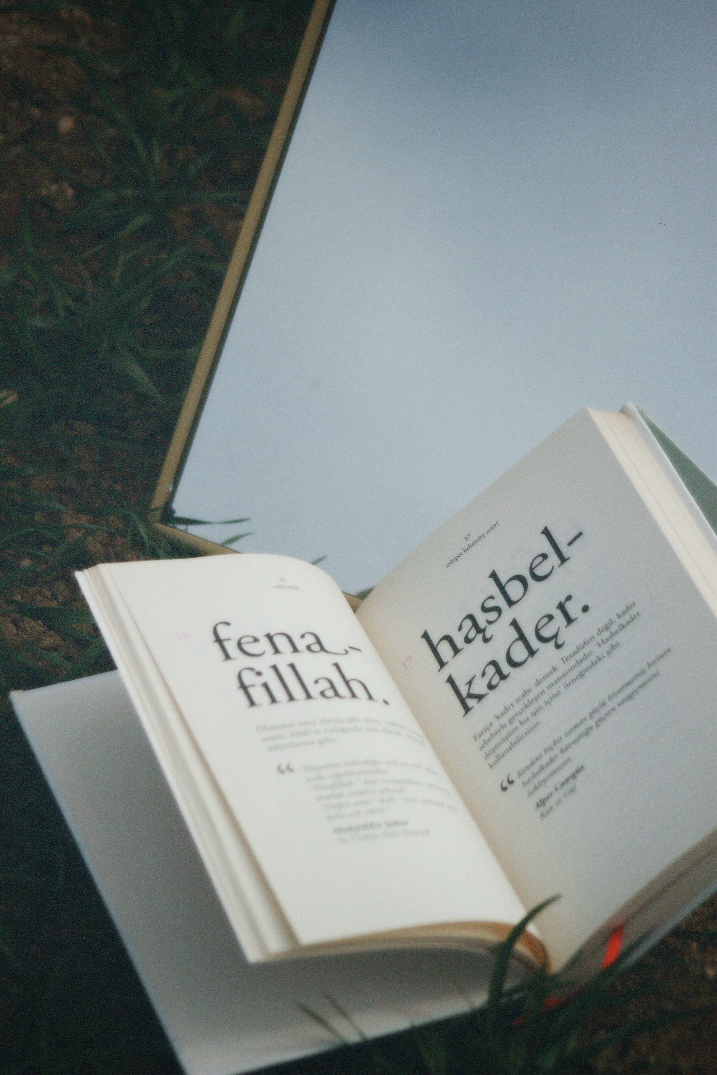 Open book displaying text, laid on grass with a mirror reflecting it.