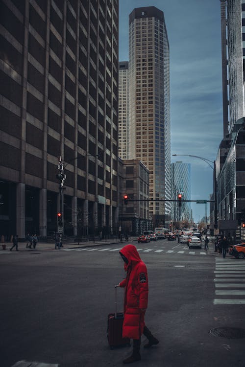 Pedestrian in Red Coat in Downtown Chicago
