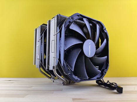 A high-performance CPU cooler fan with heat sink placed on a wooden surface against a bright yellow background.