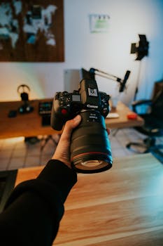 Hand holding camera in a modern studio environment with creative setup.