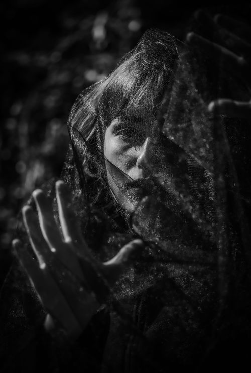 Free Striking black and white portrait capturing the mystery of a woman behind a veil with a raised hand. Stock Photo