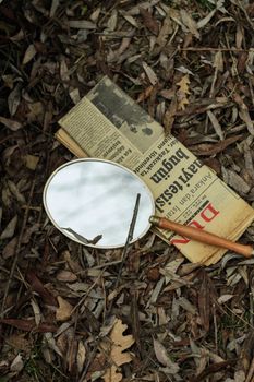 A vintage mirror placed on leaf litter next to an old newspaper, evoking nostalgia.