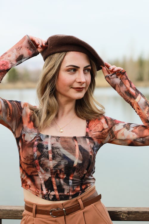 Model Posing in Beret and Cropped Blouse