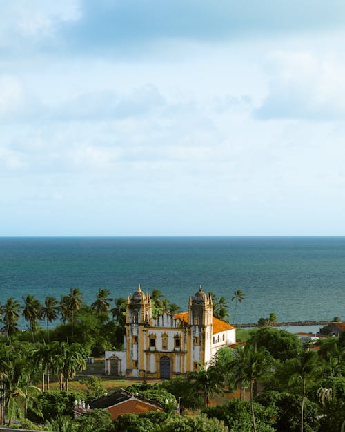 Aerial View of the Igreja do Carmo in Olinda, Brazil and the Atlantic Ocean in the Background 