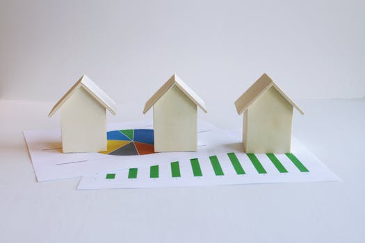 Wooden model houses on graphs depict real estate market analysis and trends.