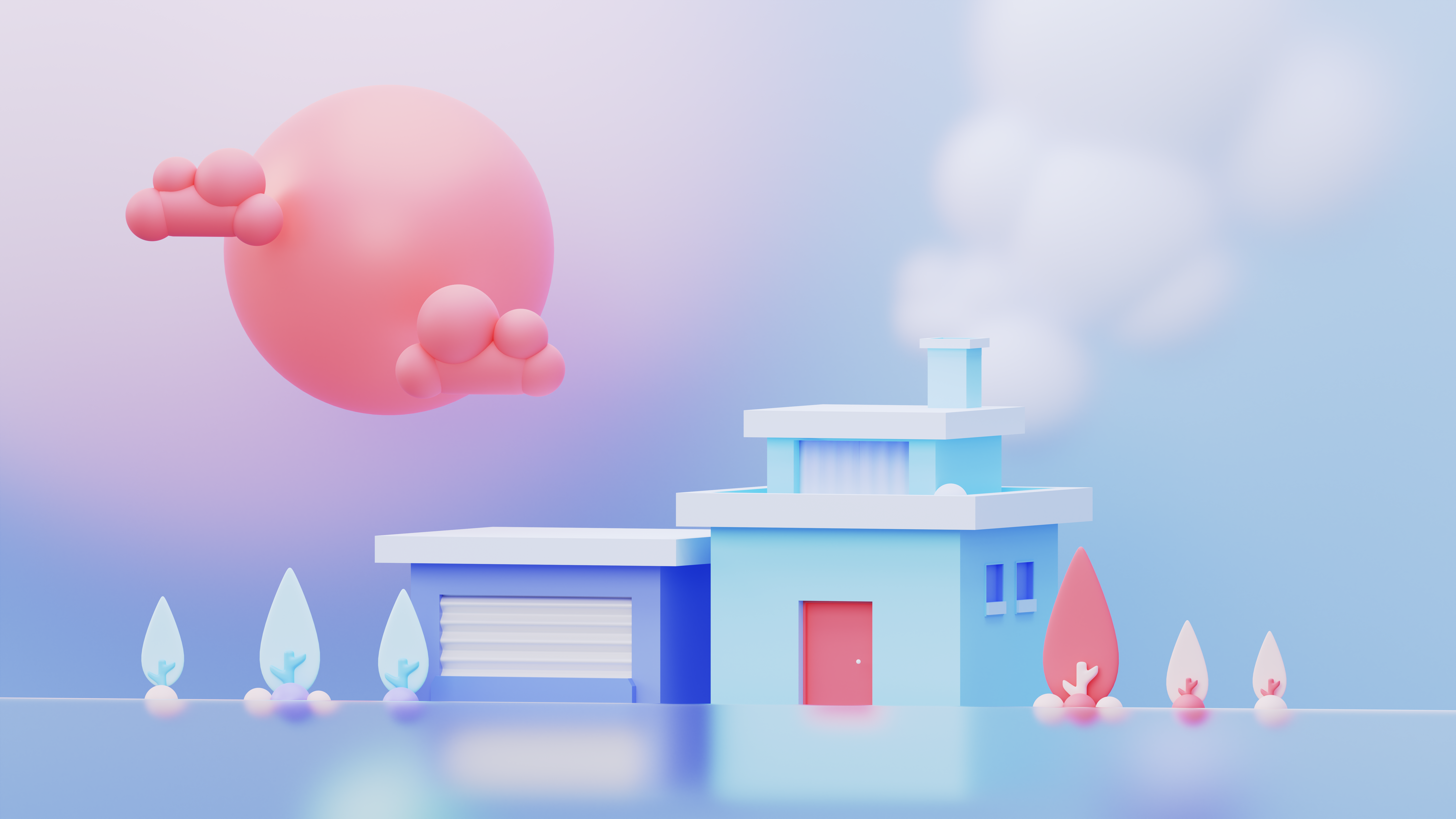A 3D render of a minimalistic house with a surreal pink sphere against a soft sky.