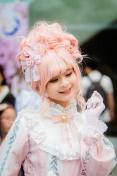 这幅肖像画十分迷人，画中一位身着粉色角色扮演服装的女子面带微笑，尽显优雅与时尚