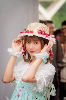 一位年轻女子身着带图案的连衣裙，头戴装饰着饰品的草帽