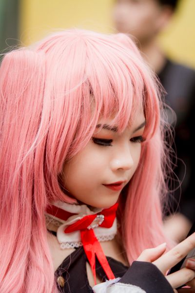Close-up pink hair cosplay