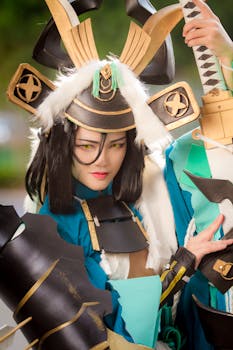 一幅充满活力的角色扮演肖像，描绘了一名身穿武士主题服装、披着精致盔甲的女子