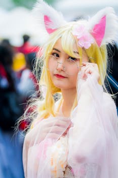 一位年轻女性以动漫角色扮演风格在户外散发着魅力和创造力