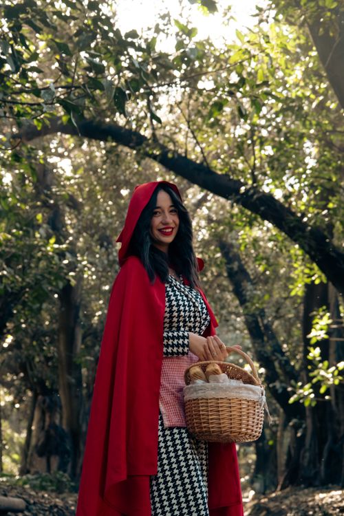 Free A woman in a red cloak stands smiling in a sunlit forest, holding a basket. Stock Photo