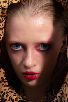 Close-up portrait of a person with bold makeup under leopard print hood.