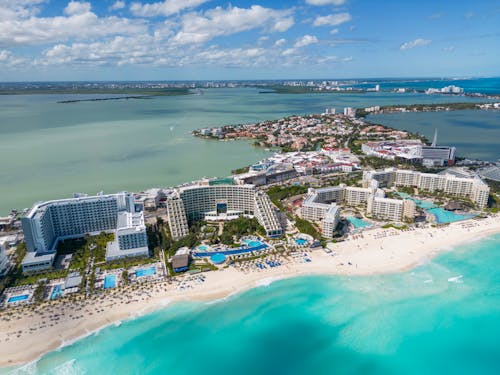 Birds Eye View of Summer Resorts on Sea Coast in Cancun in Mexico