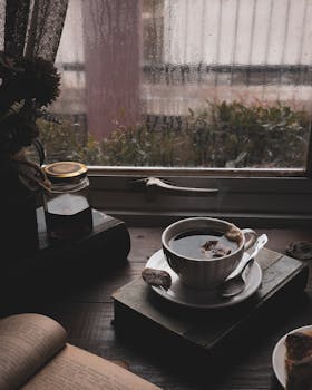 Warm cup of tea on a wooden table by a rainy window, creating a cozy ambiance.