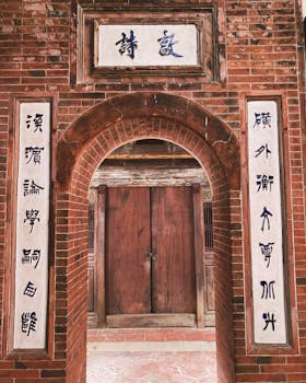 Historic wooden doorway with Chinese calligraphy in Taichung, Taiwan.
