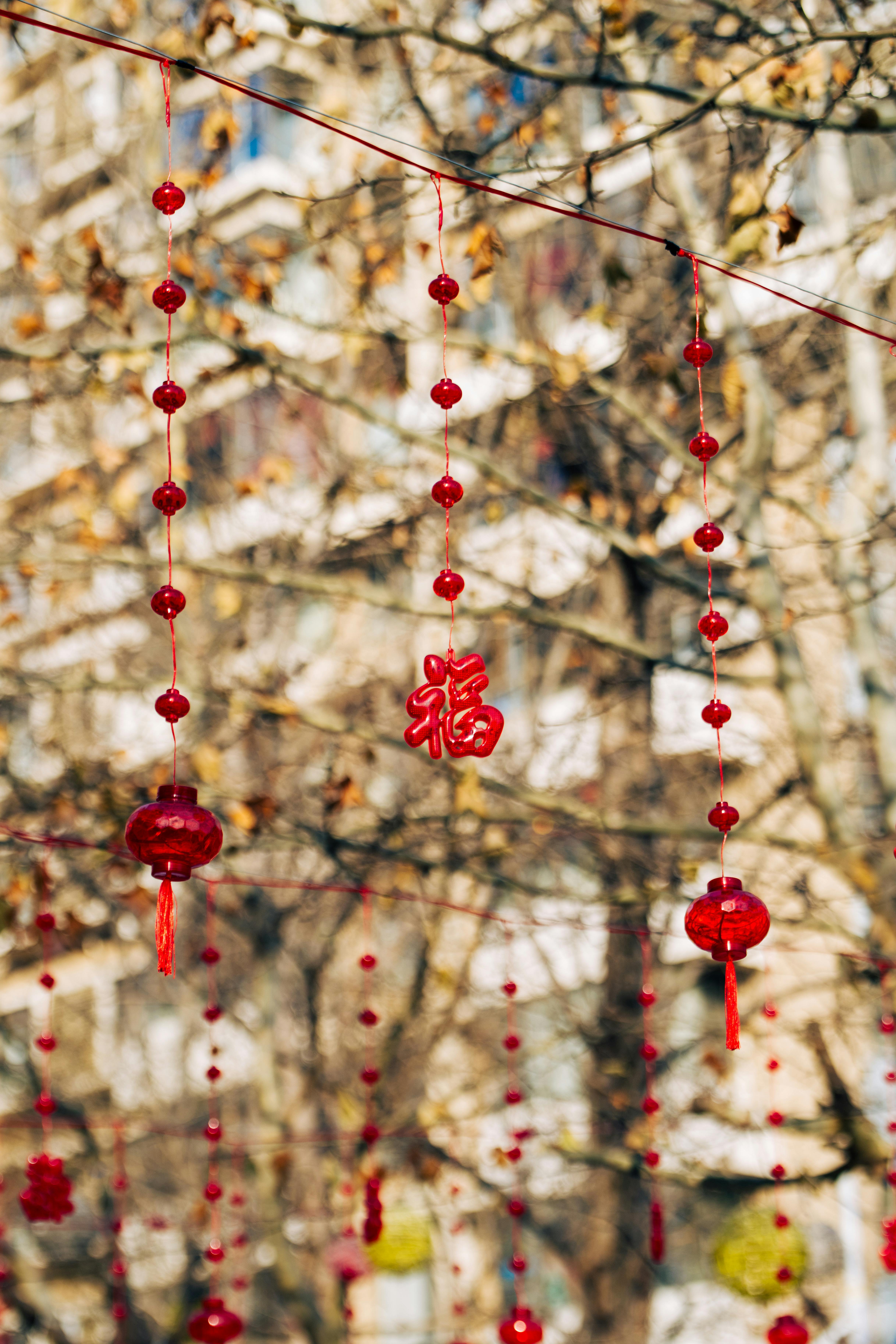 close up of red ornaments hanging on a street in city