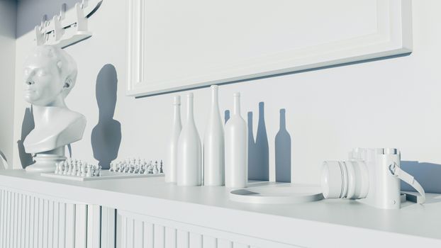 Elegant monochrome setup of bust, bottles, camera, and chess pieces in artistic lighting.