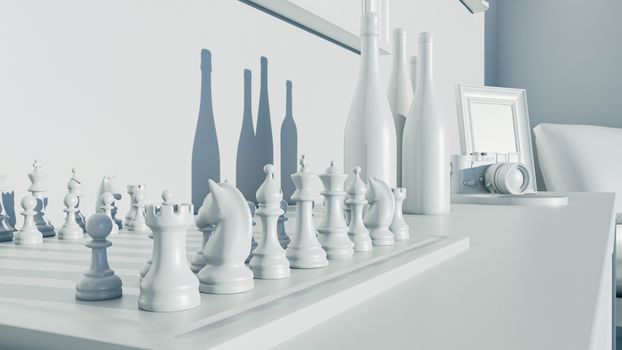 A grayscale still life featuring chess pieces, bottles, and a vintage camera.