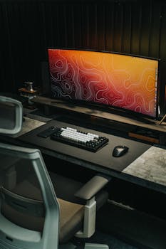 Stylish workspace setup featuring a curved monitor, ergonomic chair, and mechanical keyboard.