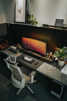 A stylish office desk setup with a curved monitor, ergonomic chair, and plants.