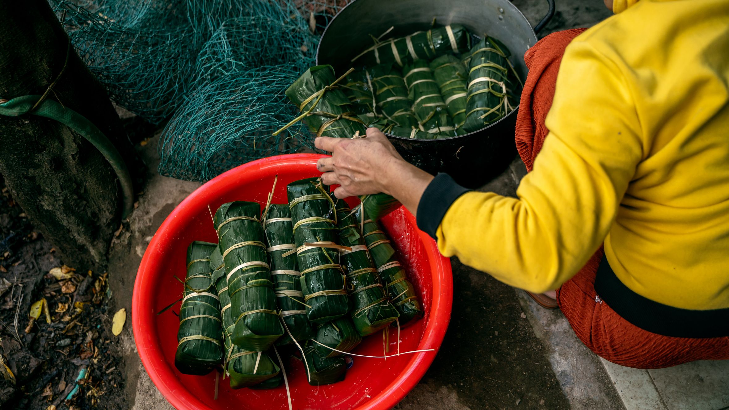 Preparing traditional Vietnamese banh tet wrapped in banana leaves for Lunar New Year celebrations.