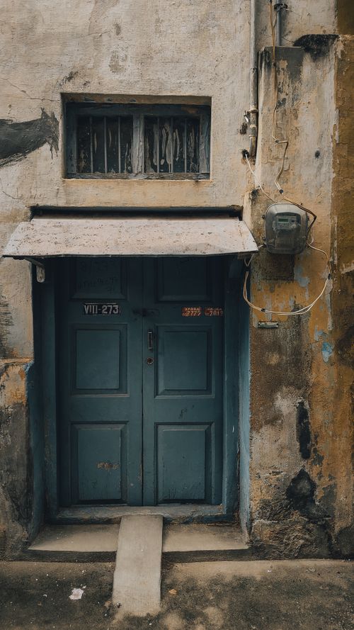 Free A rustic blue door with peeling paint in an urban street in Madanapalle, India. Stock Photo