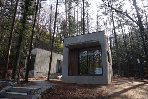 Free Contemporary concrete cabins nestled in a lush forest in Gangwon Province, South Korea. Stock Photo