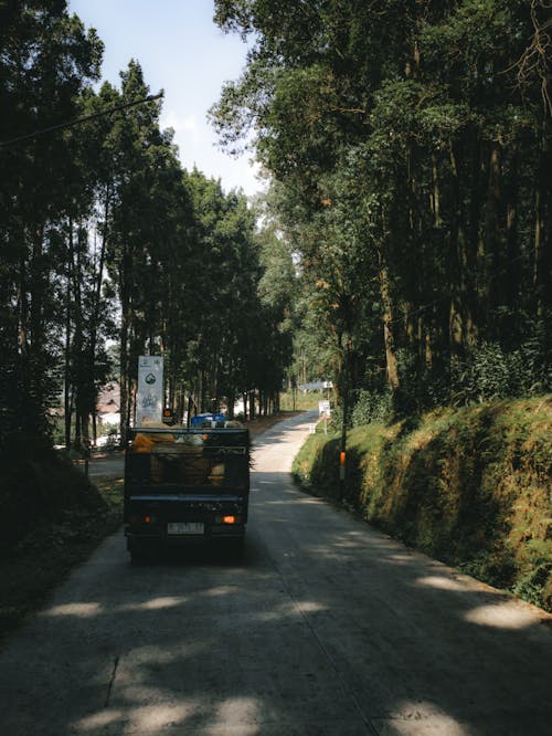 A truck driving down a road with trees on both sides