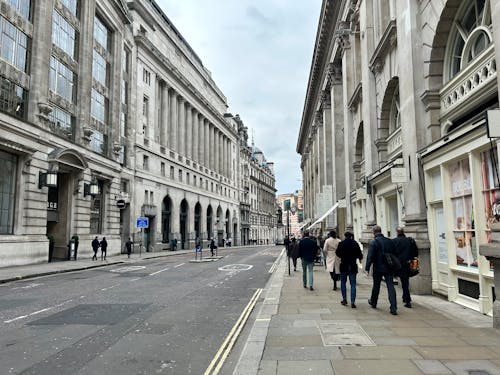 People walking down a city street with buildings on both sides