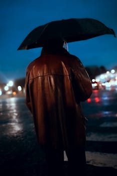 Back view of a person standing on a wet city street with an umbrella at dusk.