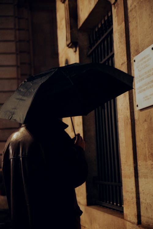 Back View of a Person in a Leather Jacket Holding an Umbrella 