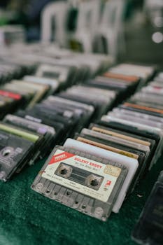 A collection of vintage cassette tapes on display, showcasing retro music culture.