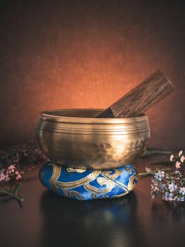 A golden Tibetan singing bowl on a cushion, surrounded by flowers, creating a serene ambiance.
