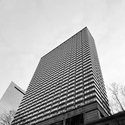 Black and white photo of tall building in city