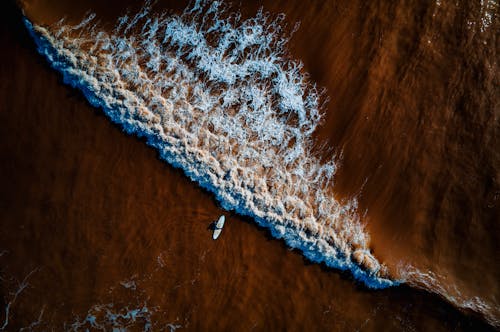 Birds Eye View of Wave and Surfer on Sea Shore