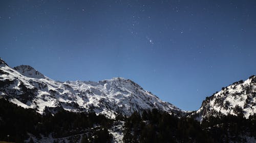 Stars on Clear, Night Sky over Mountains in Snow