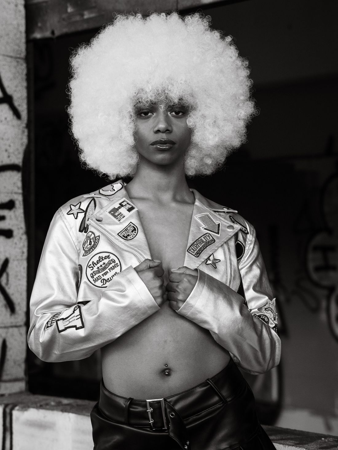 Black woman modelling an expressive urban fashion look