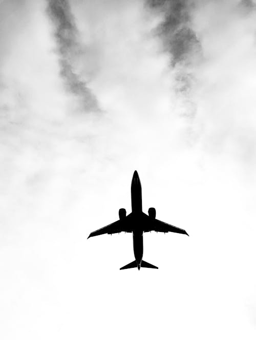 Free Black and White Photography of a Plane Seen From the Ground Stock Photo