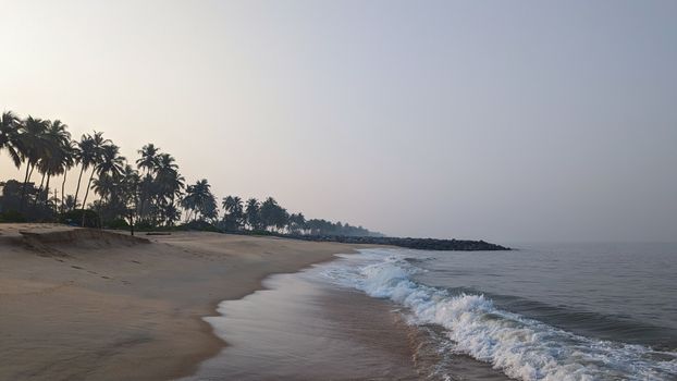 Calm waves gently wash the sandy shore of a tropical beach at twilight with palm trees in the background.