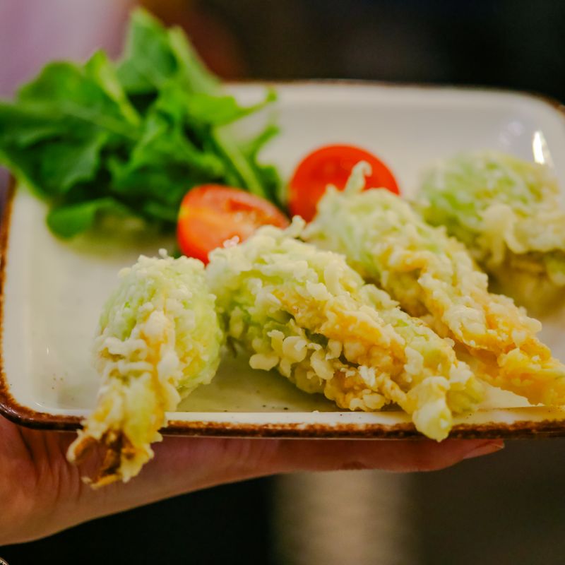 Air Fryer Charred Zucchini Blossoms with Ricotta Dip