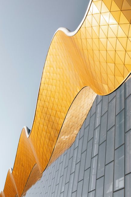 Striking wavy roof architecture with a modern glass facade exemplifying contemporary design.