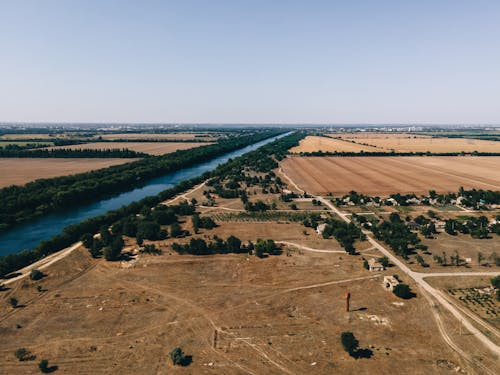 Clear Sky over Plains with Rural Fields and River