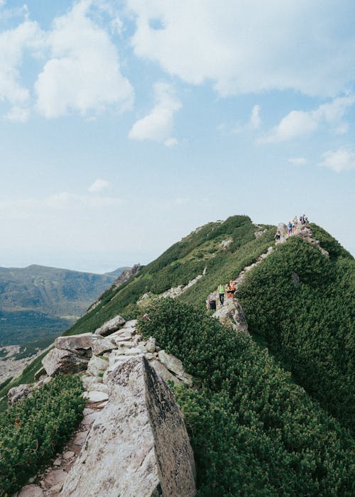 Free  Group of Hikers on the Karb Mountain Pass in the High Tatras Poland Stock Photo