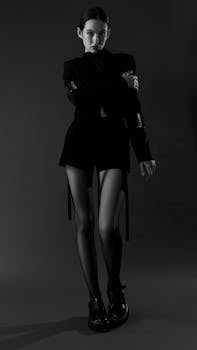 Chic fashion portrait featuring a model in a mini dress and tights in a studio setting.