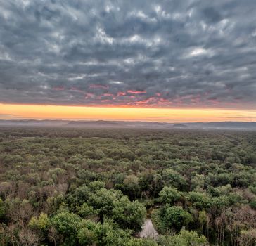 Stunning aerial view of a lush forest with a vibrant sunset sky in Trevino, Wisconsin, United States.