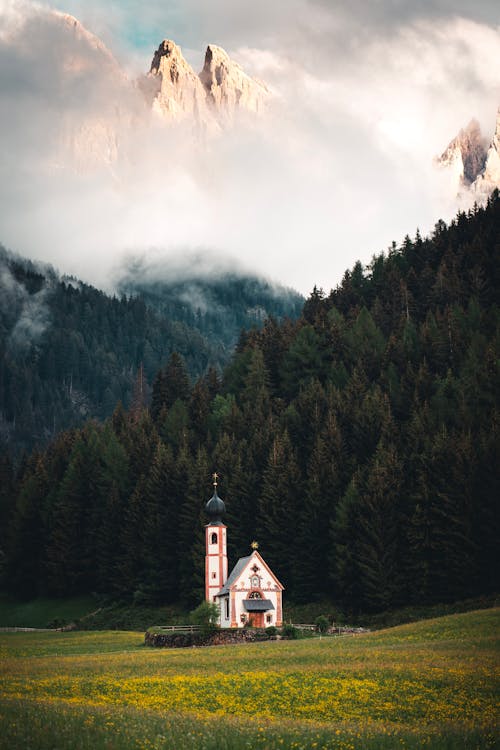Church in front of mighty mountains