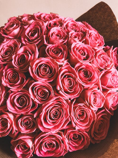 Close-up of a Large Bouquet of Pink Roses 