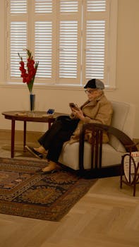 An elderly woman in a stylish outfit uses her smartphone while sitting in a cozy, vintage-themed room.