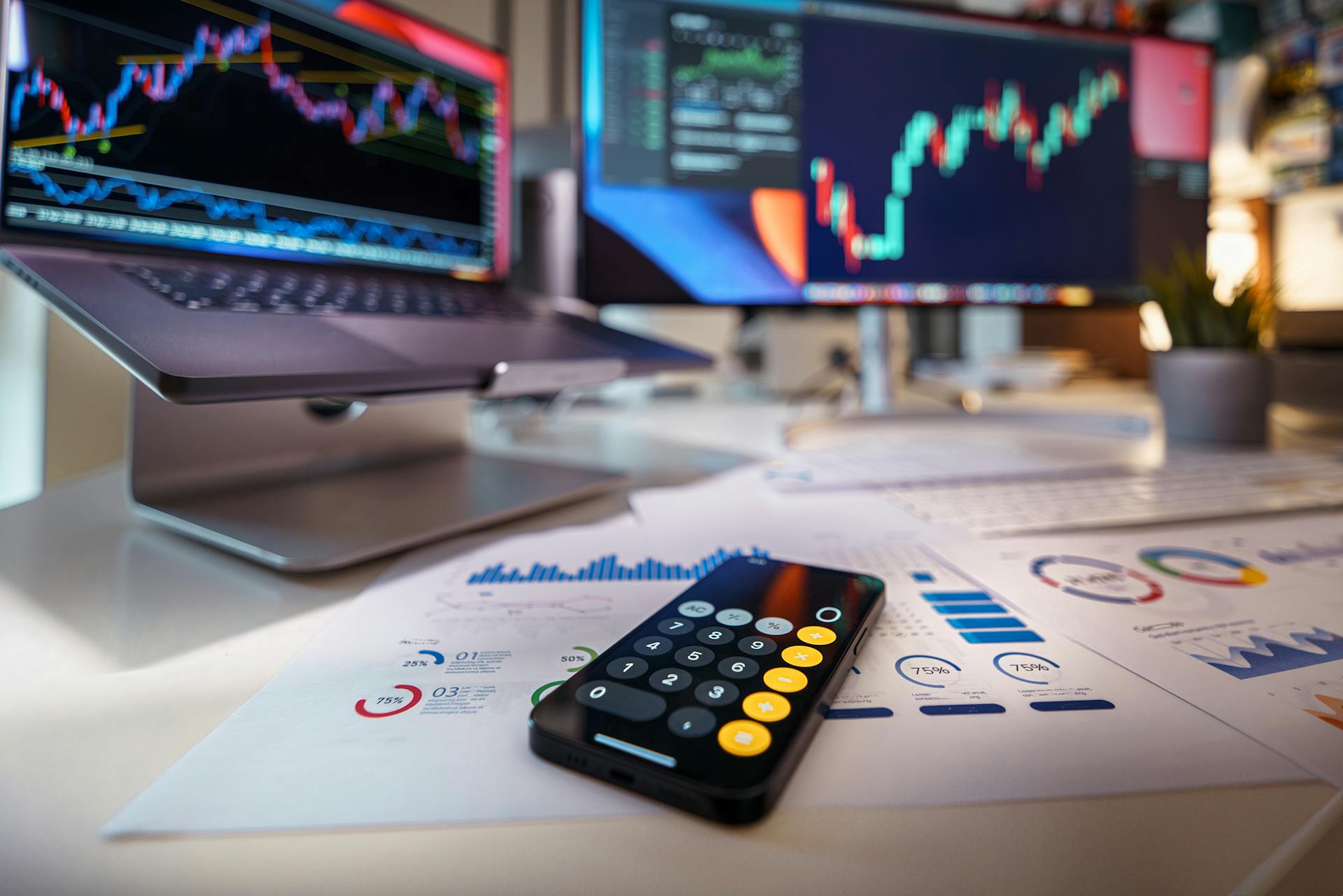 Currencies and finance. Stock exchange. Calculator on the table